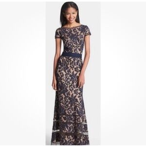 Tadashi Shoji Elegant Navy and Beige Lace Gown
